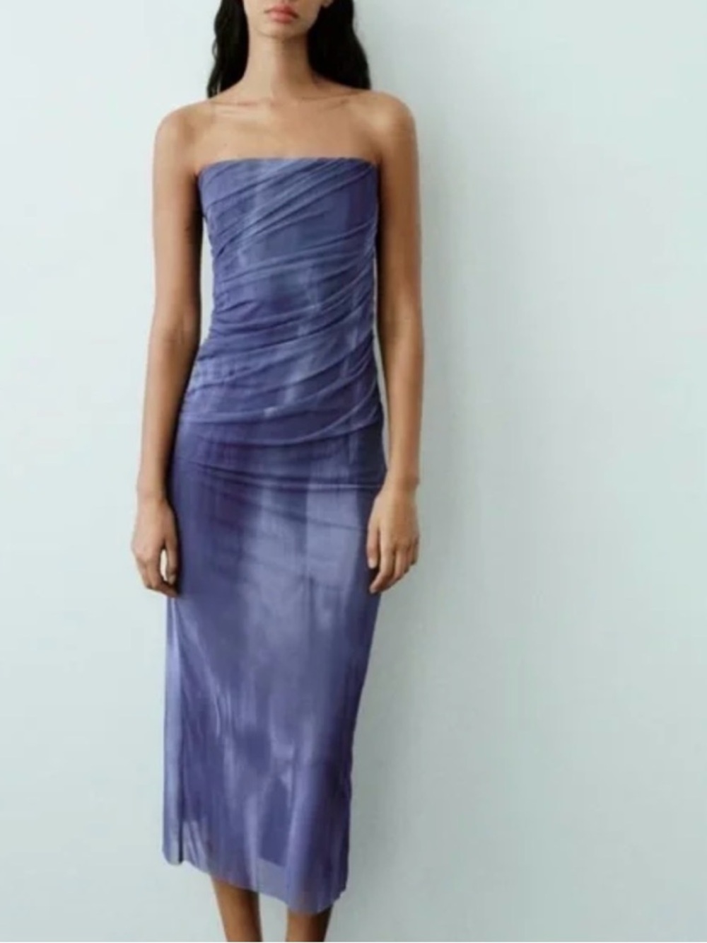 Zara Strapless Ruched Midi Dress in Periwinkle